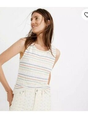 Madewell Cream Ribbed Tank with Thin Rainbow Stripes